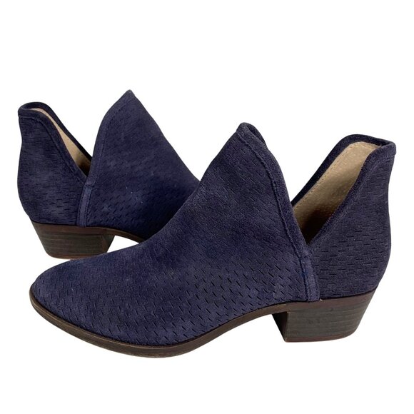 Lucky Brand Baley Ankle Bootie Navy Suede Perforated Western Womens Size 7M EUC - Picture 1 of 8